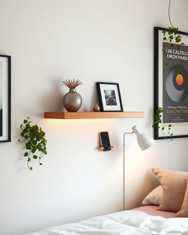 A clean, modern floating shelf mounted on a dorm room wall, serving as a minimalist nightstand next to a bed.
