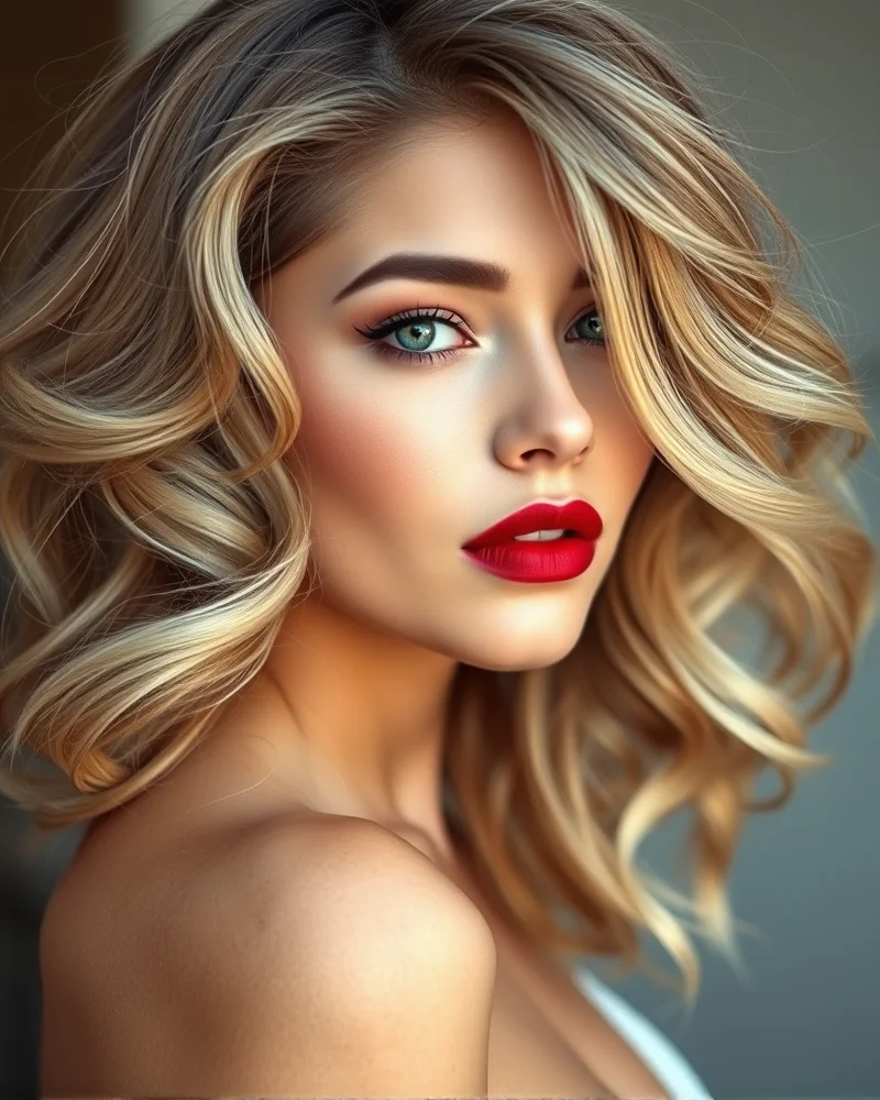 7 Viral 4th of July Makeup Looks That Will Stop the Show 3 A portrait of a woman with soft beachy waves, wearing a vibrant matte red lipstick and minimal eye makeup, captured in soft, flattering lighting.