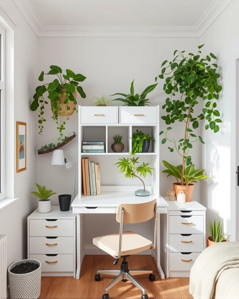 A white modular desk hutch set on a clean wooden desk with organizational bins and aesthetic stationery, featuring a bright, airy room.