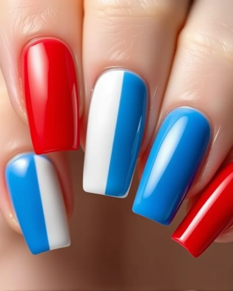 7 Viral Bomb Pop 4th Nails: The Ultimate Retro-Cool Manicure Trend 3 Square nails painted in vertical stripes of red, white, and blue, creating a crisp, geometric look.