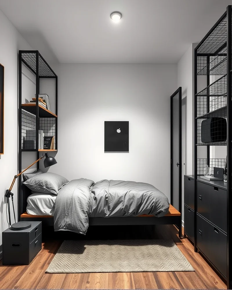 A modern industrial dorm room featuring dark wood accents, metal frame furniture, and a sleek monochromatic color scheme for a clean, sophisticated look.
