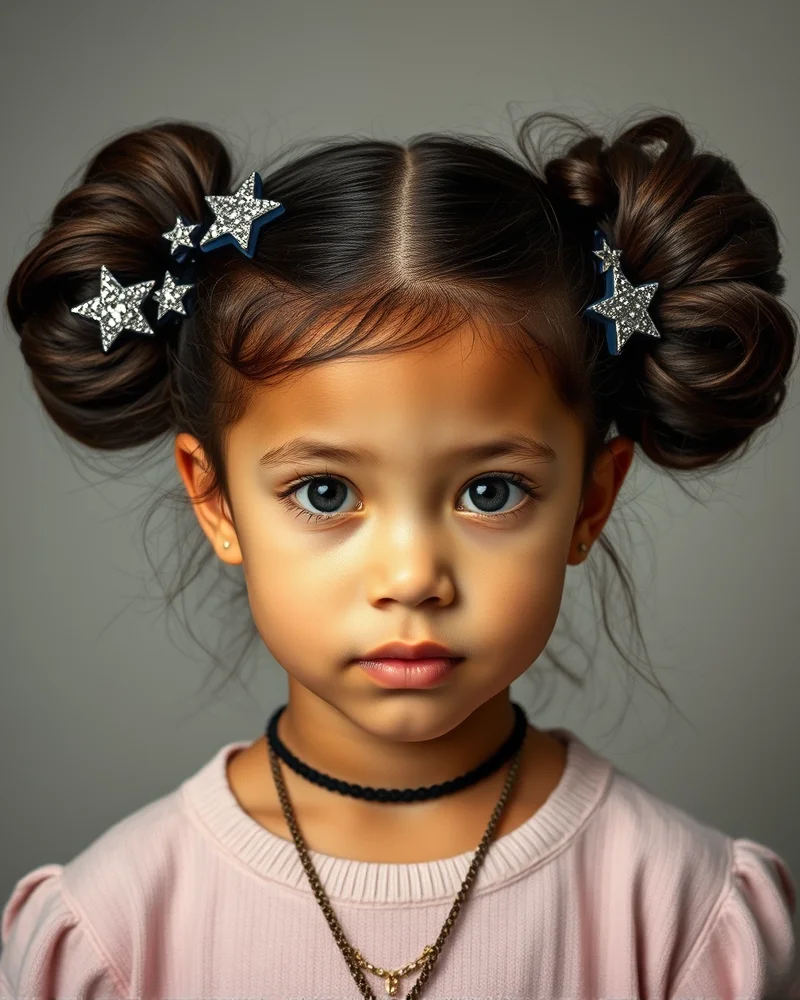 7 Patriotic 4th of July Hairstyles for Kids That Will Steal the Show 4 Close-up of a young girl's hair styled into two high space buns decorated with metallic star-shaped clips for a festive look.