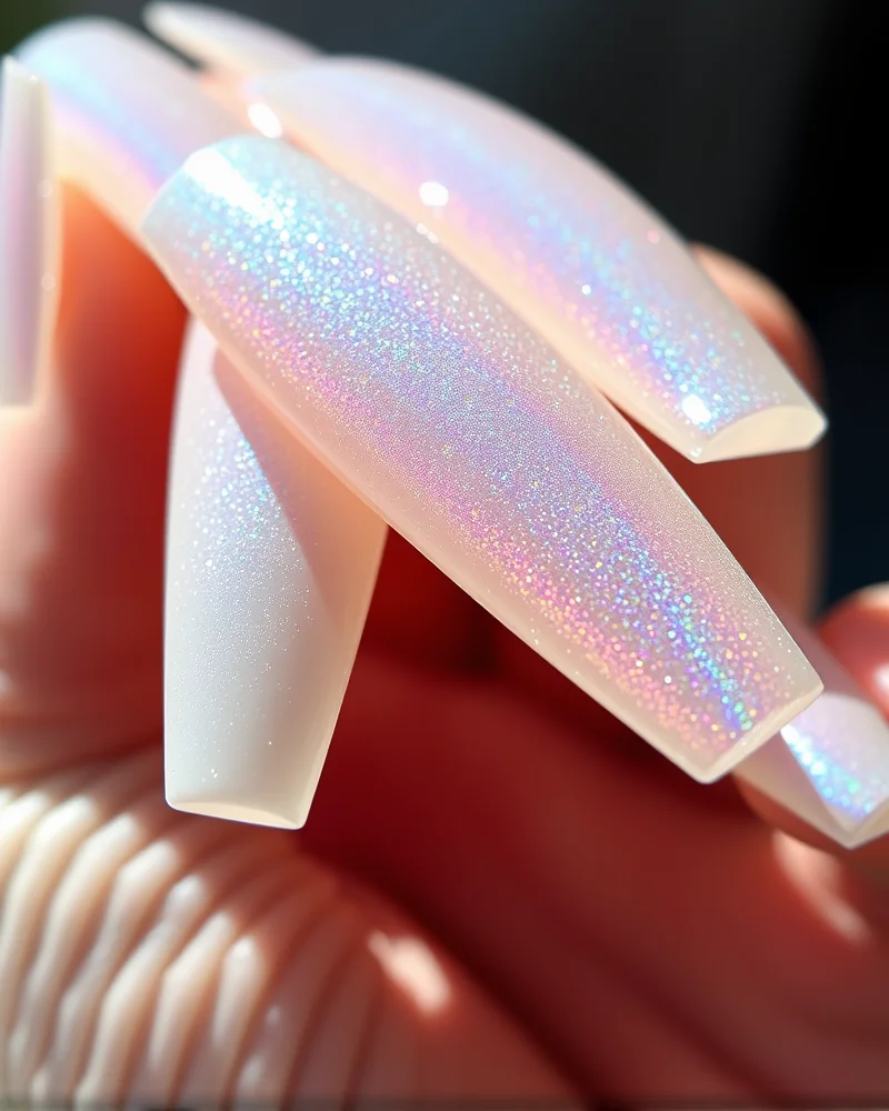 7 Viral July Nails 2026 Trends You Need to Try Before August 4 Close-up of long, coffin-shaped nails with a stunning, high-shine glazed donut chrome finish reflecting iridescent light.