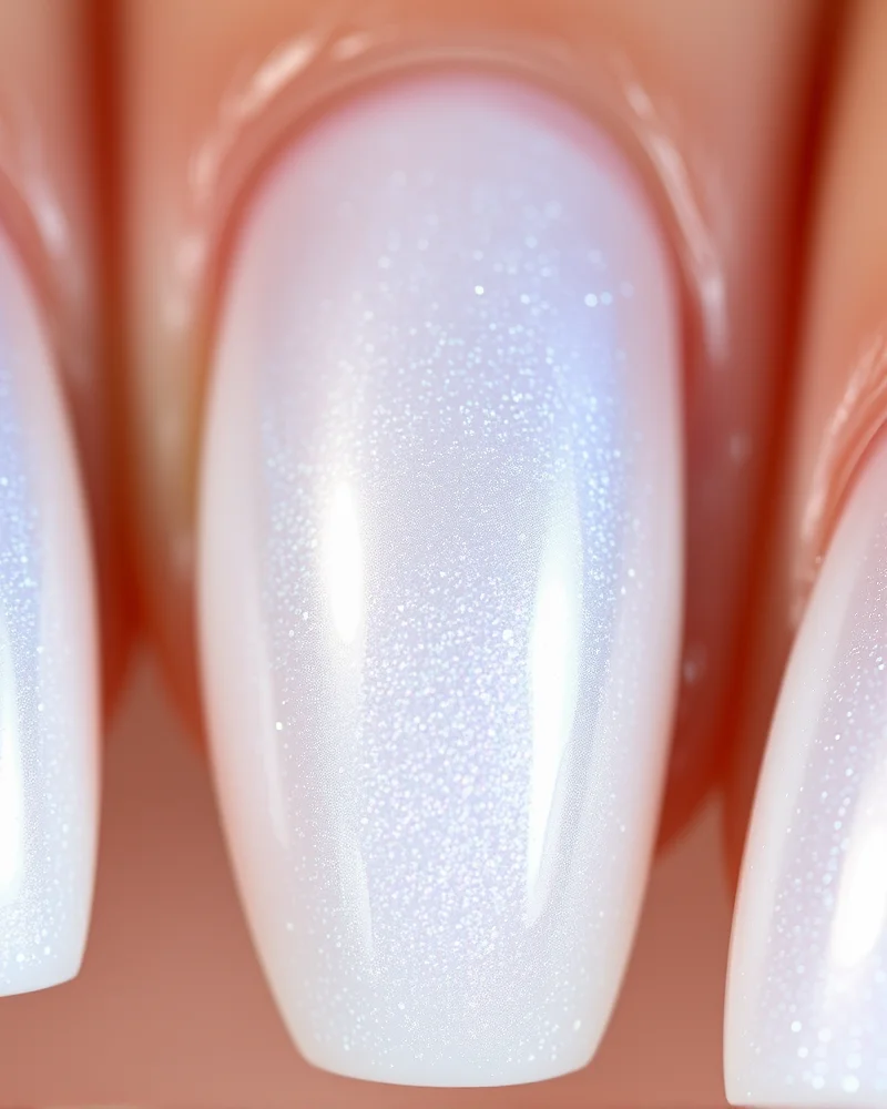 7 Viral July Nail Colors That Are Defining This Summer’s Aesthetic 4 Almond-shaped nails with a sheer milky base and an iridescent chrome finish that gives a glowing, glazed look.