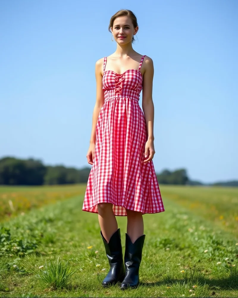 7 Viral Western 4th of July Outfit Ideas for a Stunning Americana Aesthetic 4 A woman wears a red gingham sundress styled with cowboy boots in a grassy field setting.