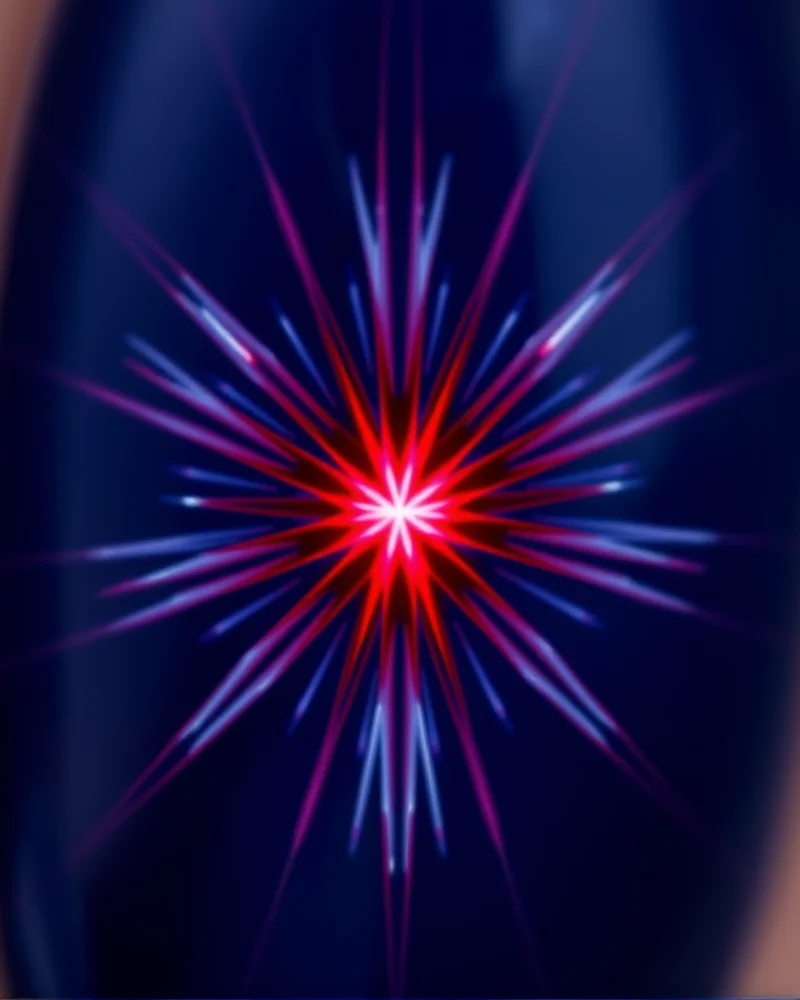 7 Viral 4th of July Nails Blooming Gel Designs You Need to Try 4 Almond-shaped nails with a dark blue base and a striking red and white starburst blooming gel pattern.