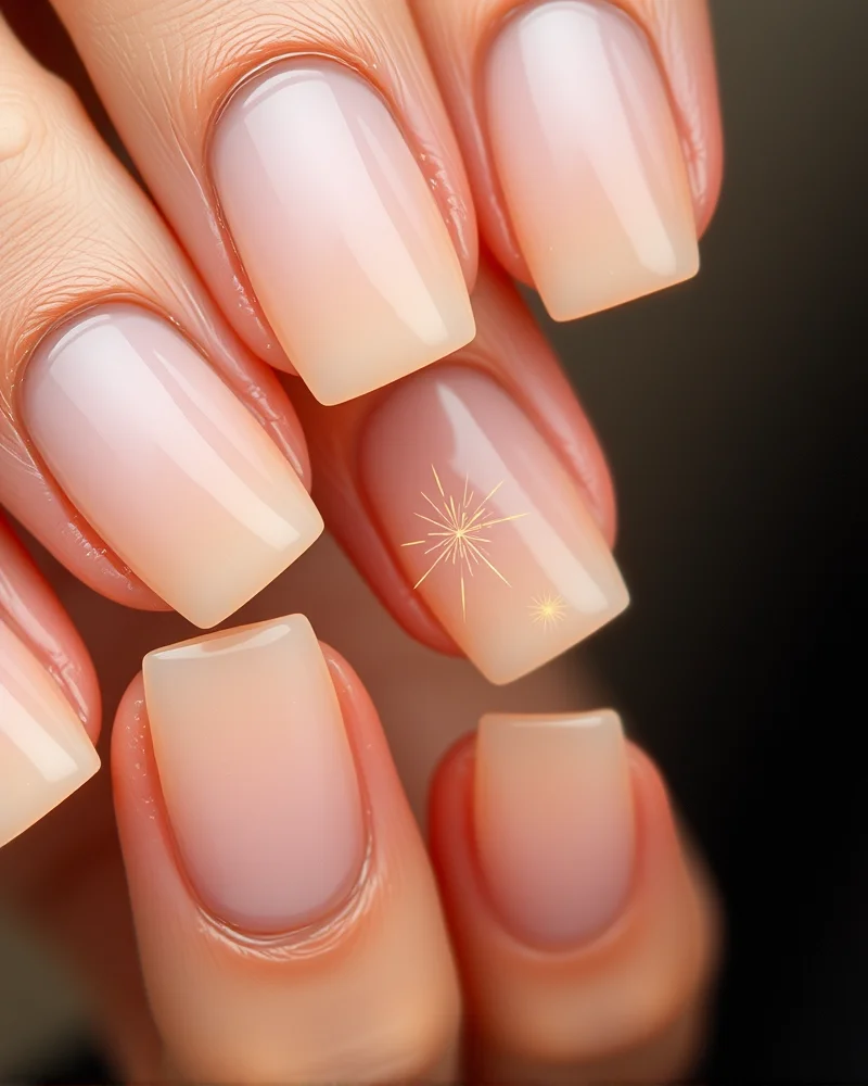 7 Viral Firework Nail Designs That Will Ignite Your Manicure Game 4 Minimalist square nails with a sheer nude polish and a single tiny gold-leaf firework spark on each nail tip.