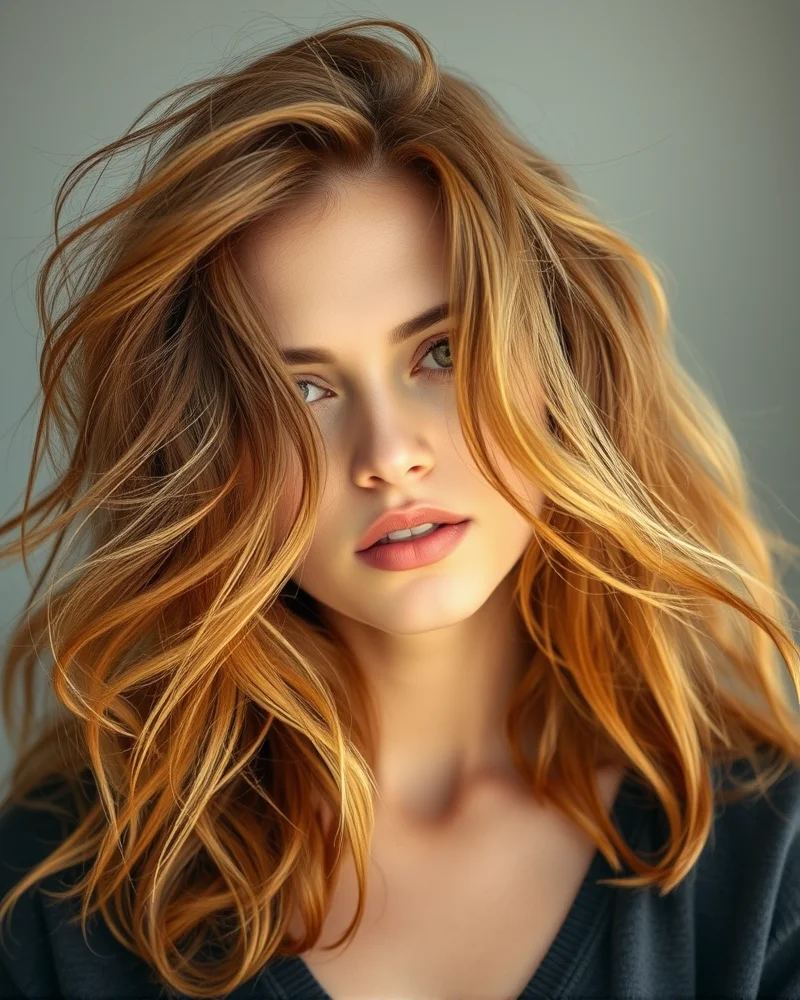 A woman with effortless, voluminous copper waves that look naturally windswept and textured.