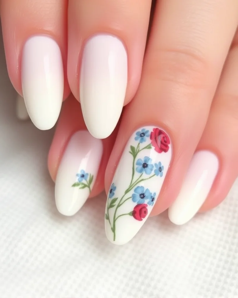 Almond-shaped nails with a creamy white finish, featuring subtle watercolor-style red and blue floral patterns.