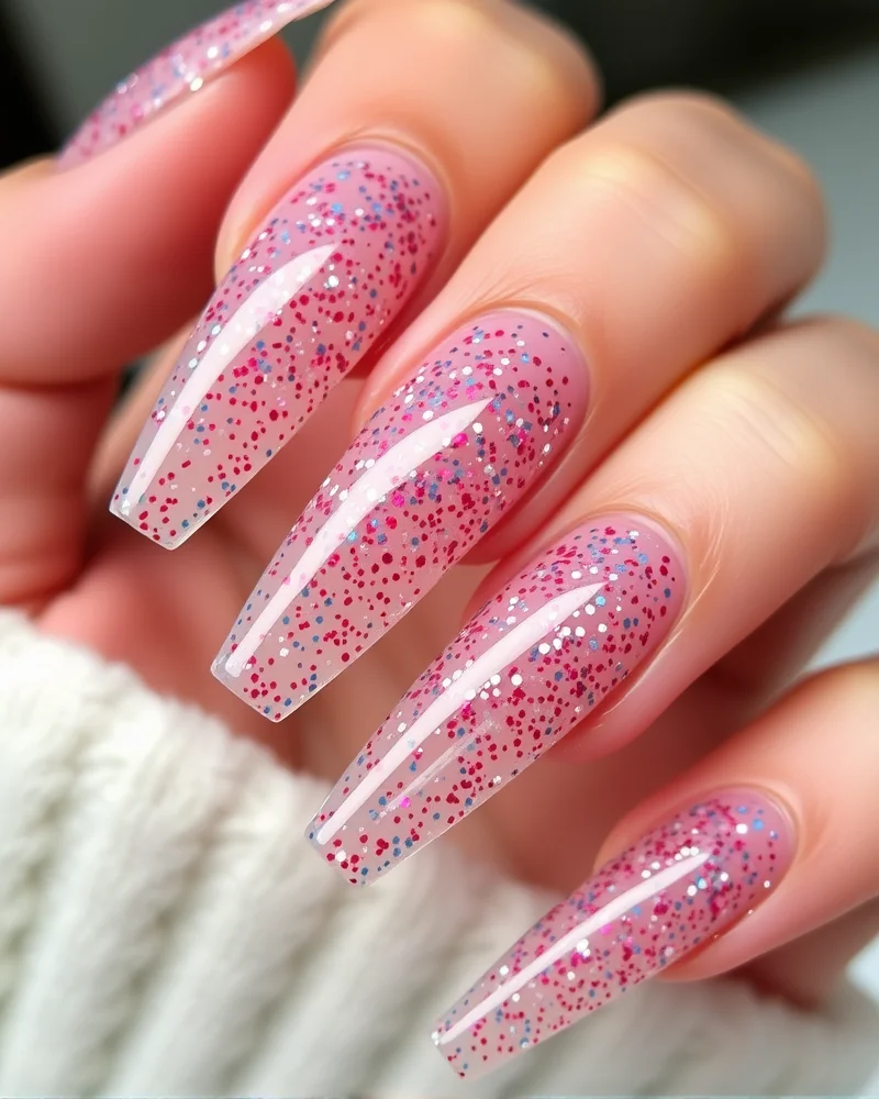 10 Chic Ways to Wear Red White and Blue Nails for Any Occasion 4 Long coffin-shaped nails with a sophisticated glitter gradient featuring red, white, and blue sparkle.