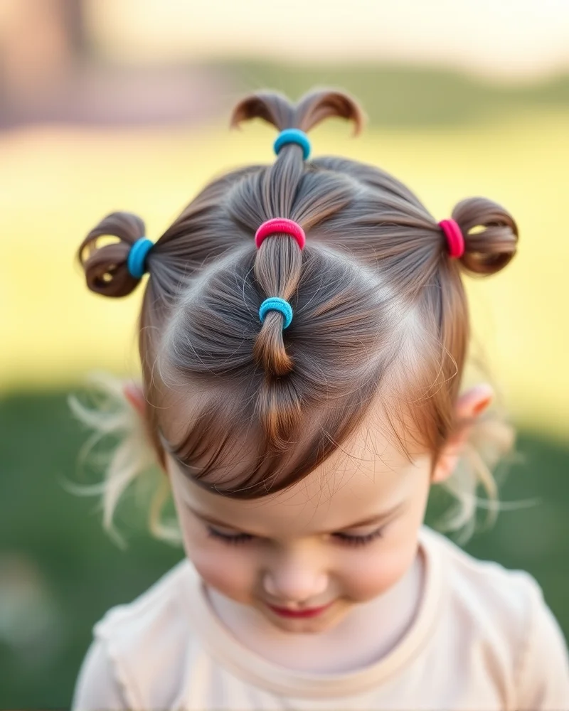 7 Viral 4th of July Toddler Hair Ideas That Stay Put All Day 4 A toddler wearing a triple-section bubble ponytail hairstyle with alternating red and blue hair ties.