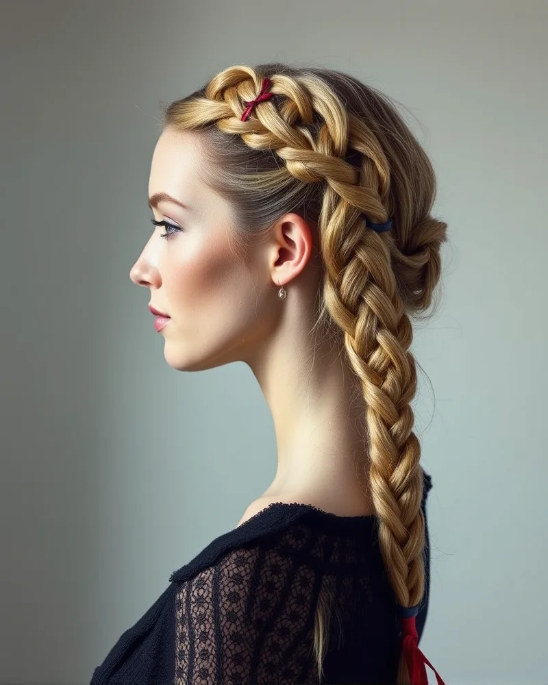 A side view of an intricate Dutch braided crown hairstyle with small colorful ribbon accents, shot with a professional soft-focus background.
