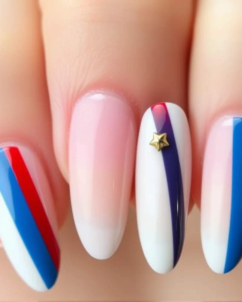 Almond-shaped nails featuring elegant red, white, and blue stripe art with a single gold star accent, maintaining a clean and luxury aesthetic.