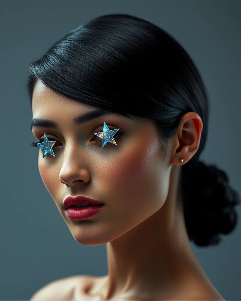 Model with a low bun and holographic star firework makeup.