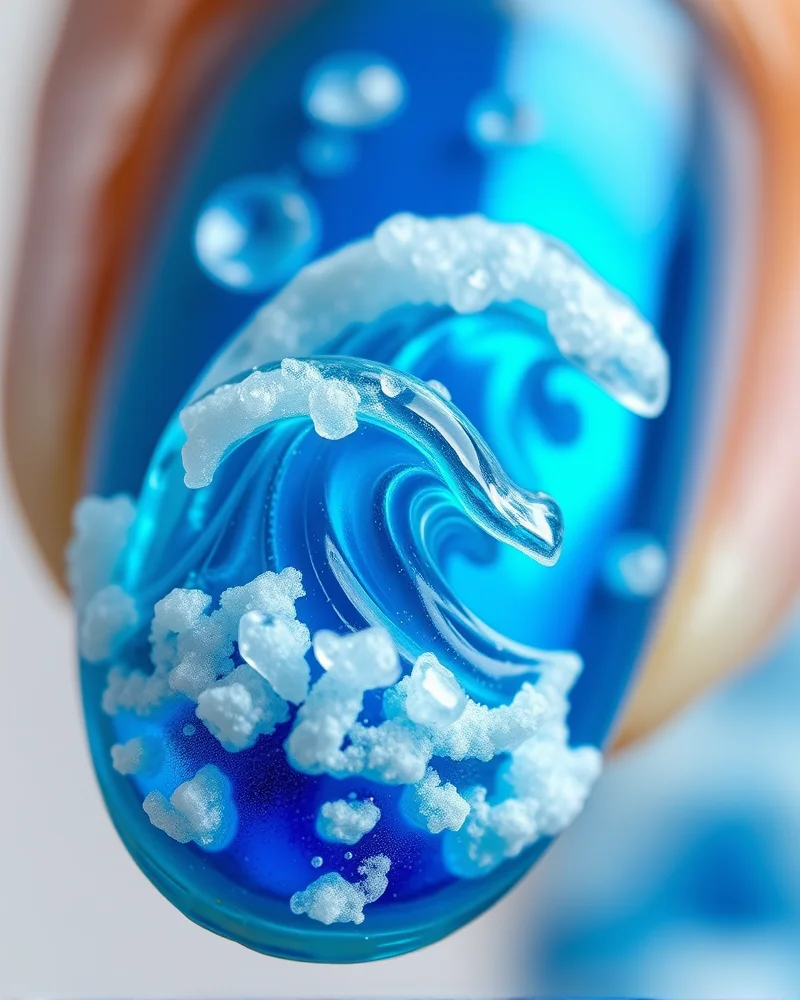 Shark Week Nails: 7 Fierce Designs to Make a Splash This Season 4 3D gel wave nail art on almond-shaped nails.