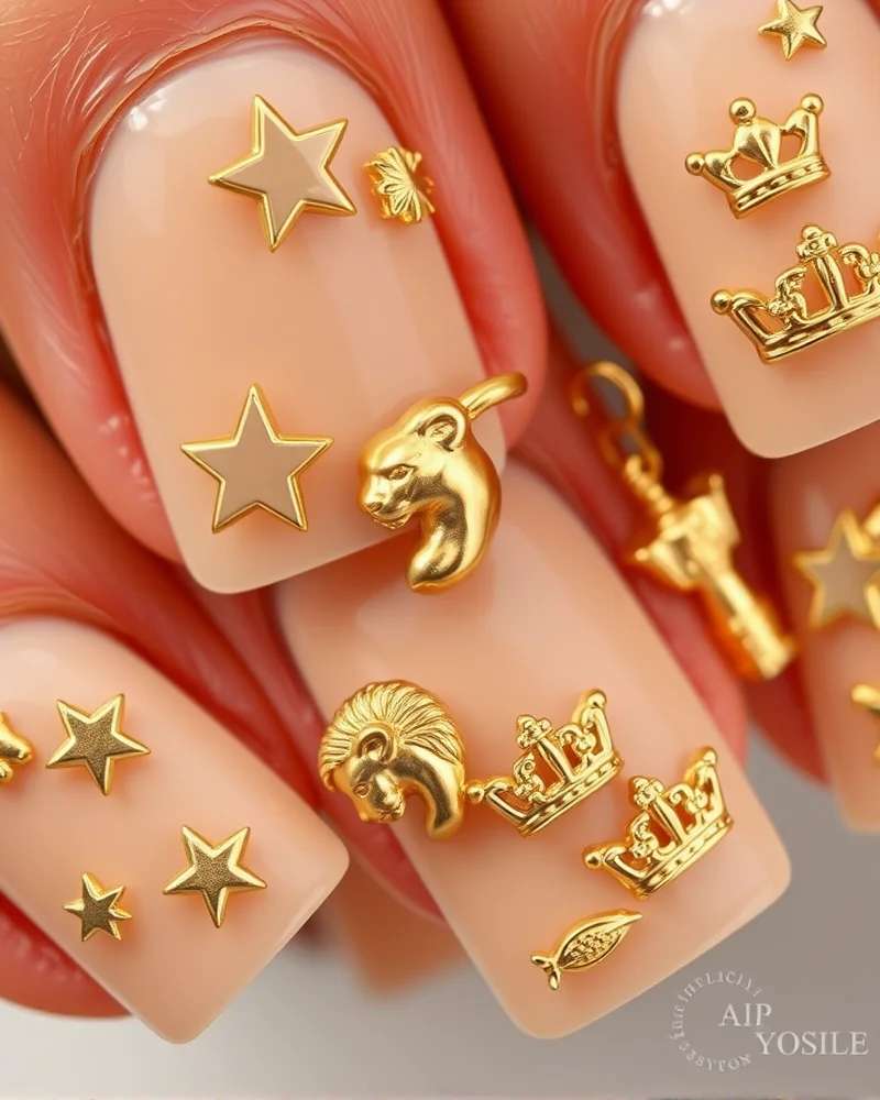 Square nails featuring luxurious 3D gold charms.