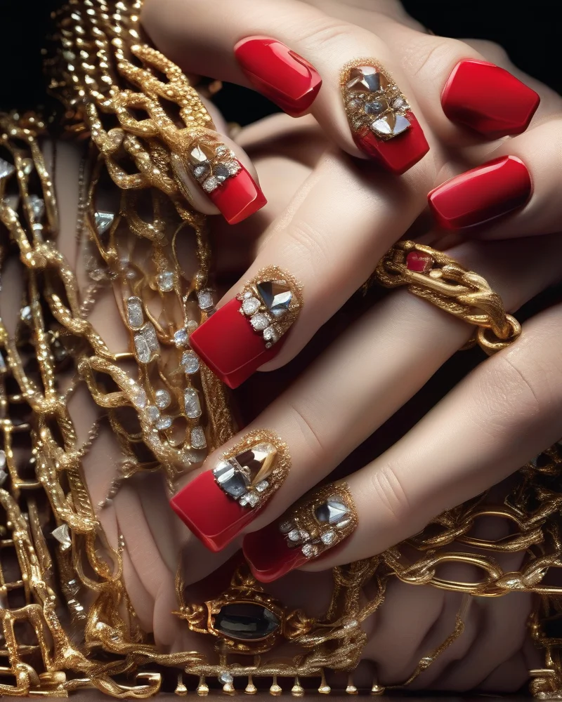 10 Reasons Why Ruby Nails Are The Ultimate Luxury Manicure Trend 4 Luxurious coffin nails with ruby red polish and 3D gemstones.