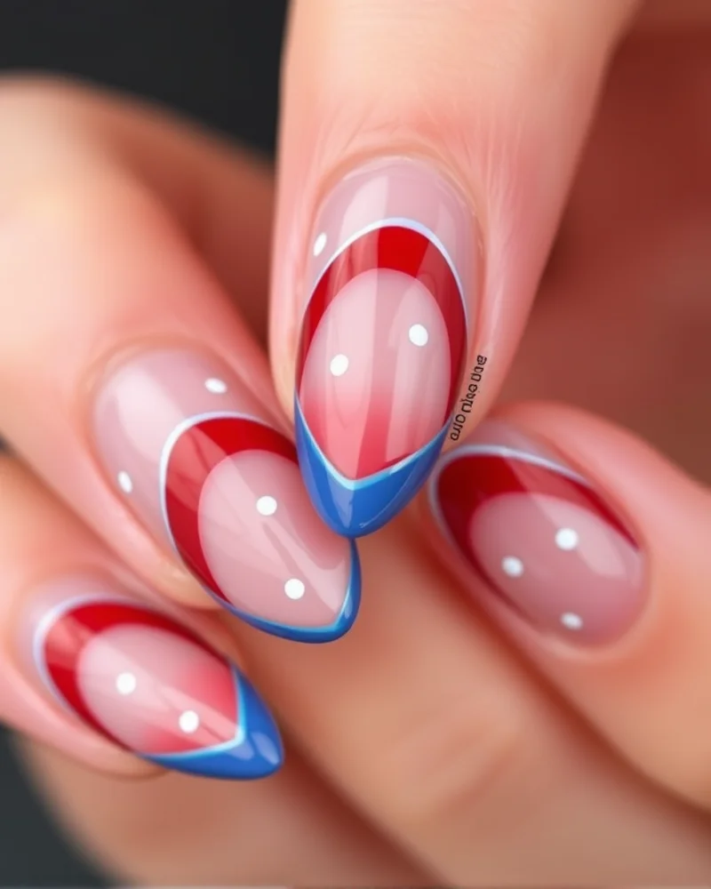 Almond-shaped nails with negative space, bold red and blue French tips, and white dot accents on each finger.