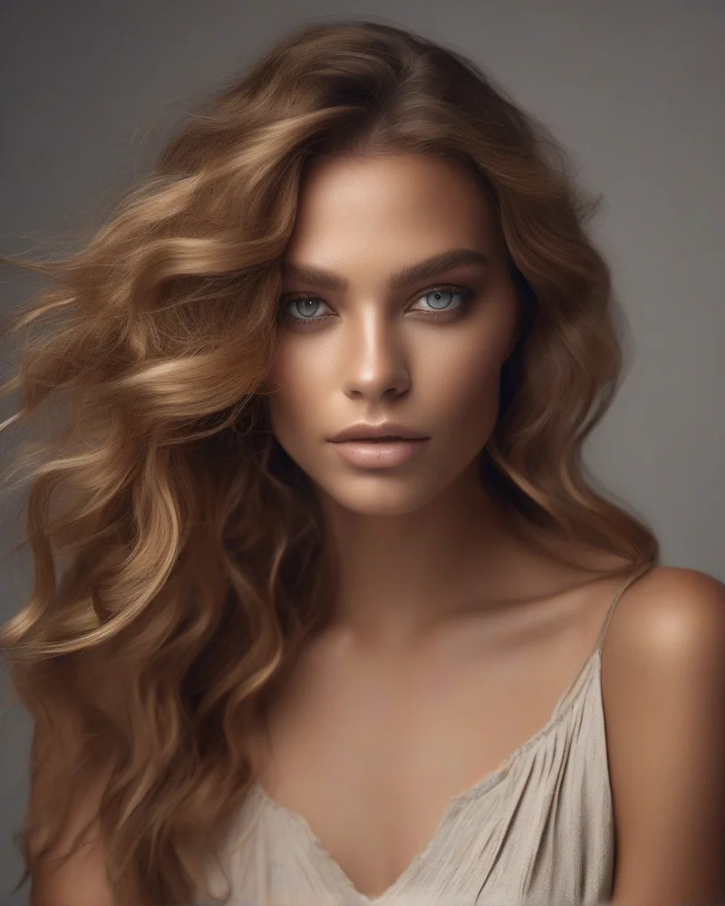 Portrait showing a woman with loose waves and monochromatic makeup.
