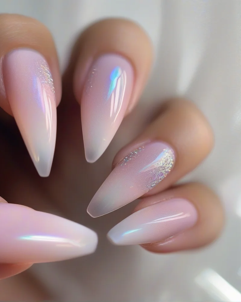 Ballerina nails with airbrushed white French tips and holographic glitter.