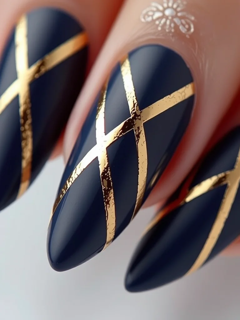Striped Nails: 7 Chic Designs You Need to Try for Your Next Manicure 4 Stiletto nails featuring a matte navy base with geometric gold foil stripes.