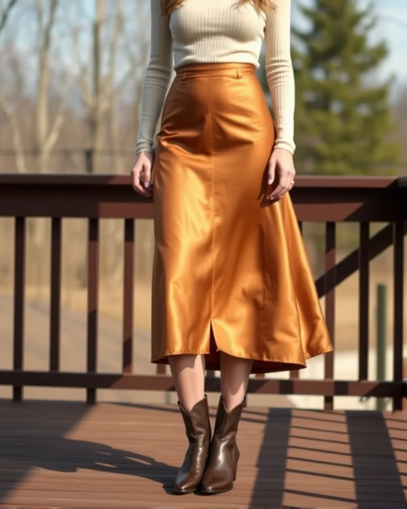 A woman posing in a sleek bronze satin midi skirt and cream sweater, perfectly styled for a refined ranch-themed wedding.