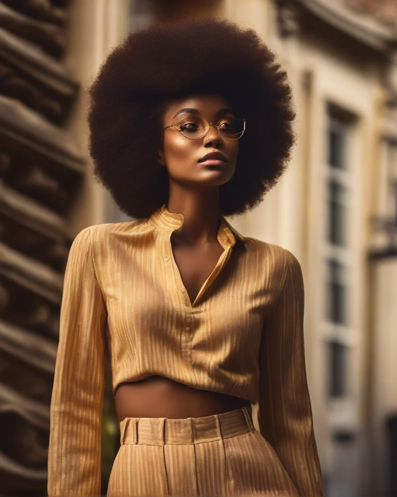 Stunning afro-textured hair styled into a perfectly rounded disco afro for a retro look.
