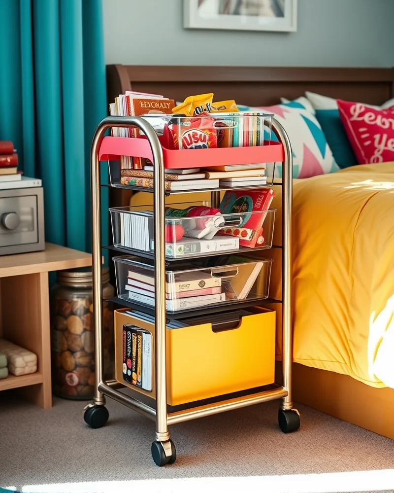 A three-tier rolling metal cart used as a mobile nightstand in a bright, organized dorm room.