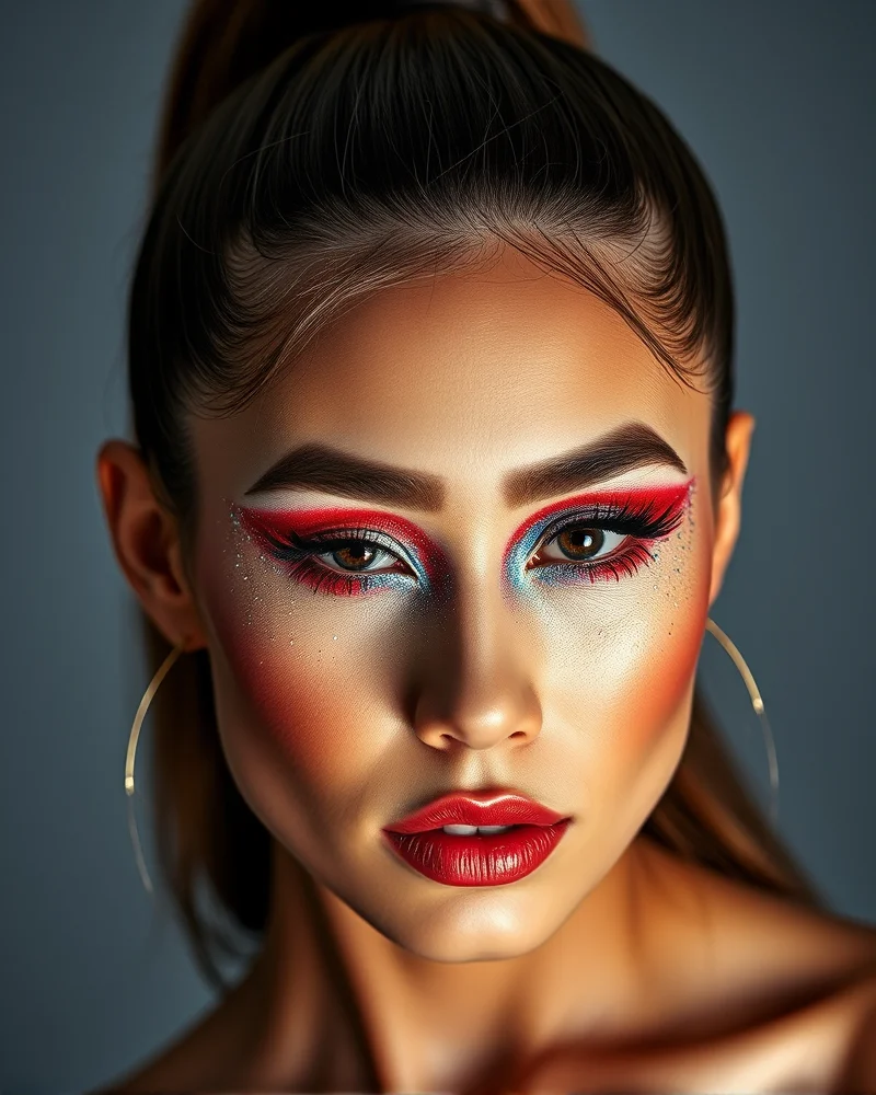 7 Viral 4th of July Makeup Looks That Will Stop the Show 4 A high-fashion makeup look featuring a detailed red, white, and blue glitter cut crease on the eyelids, with a sleek high ponytail visible.