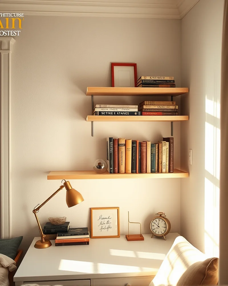 A two-tier floating shelf installed above a wooden desk in a warm, inviting dorm room with soft lighting.