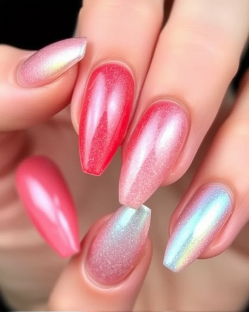 7 Viral Bomb Pop 4th Nails: The Ultimate Retro-Cool Manicure Trend 4 Almond nails with a red, white, and blue gradient topped with a subtle pearlescent chrome shimmer.