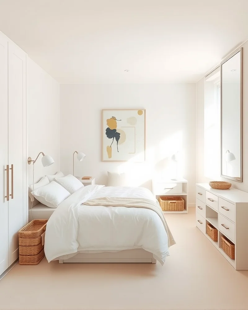 A crisp, minimalist dorm room with a neutral color palette, focusing on clean lines, white linen, and decluttered surfaces.