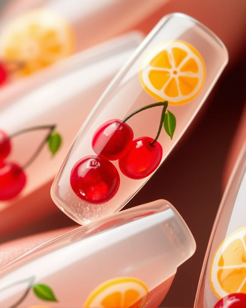 7 July Nails Trends That Will Make Your Summer Manicure Pop 4 Coffin-shaped nails featuring a clear jelly base with small, intricate hand-painted cherry and lemon slice details.