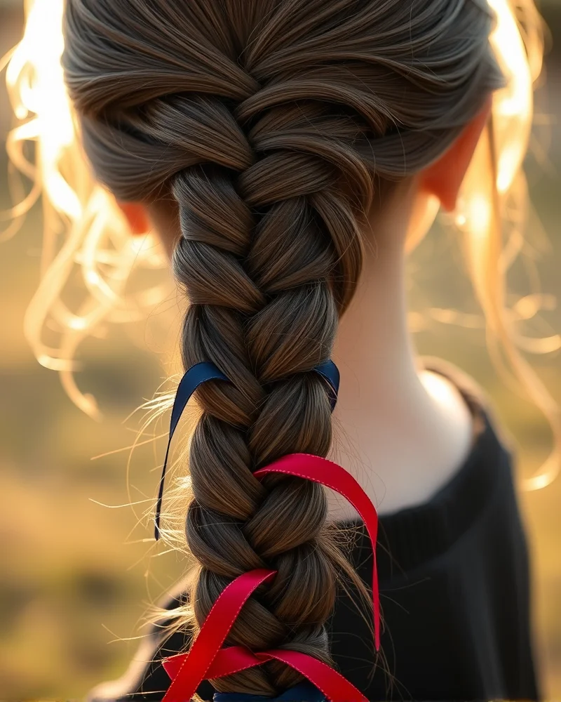 7 Patriotic 4th of July Hairstyles for Kids That Will Steal the Show 5 A detailed shot of a sophisticated fishtail braid featuring velvet ribbons in patriotic colors, glowing in the soft light of golden hour.