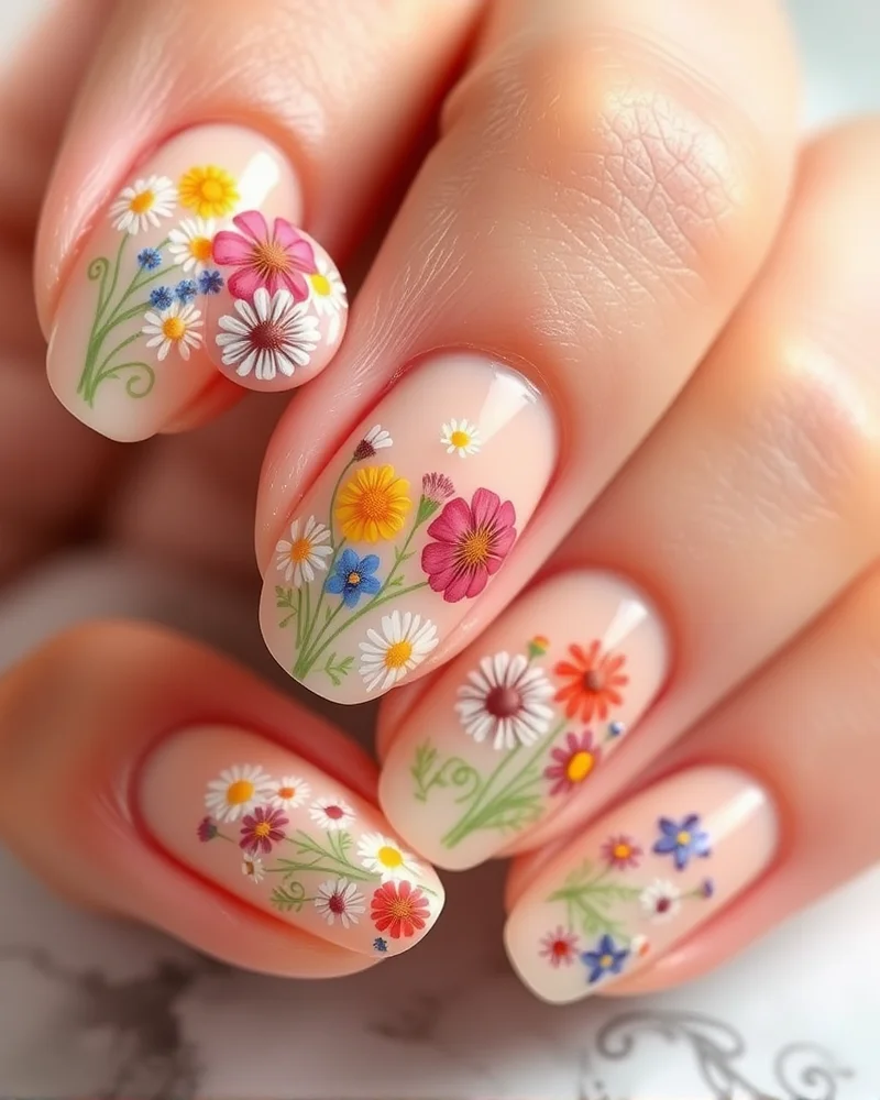 7 Viral July Nails 2026 Trends You Need to Try Before August 5 Macro shot of almond-shaped nails featuring delicate, hand-painted wildflowers in bright summer colors on a neutral base.