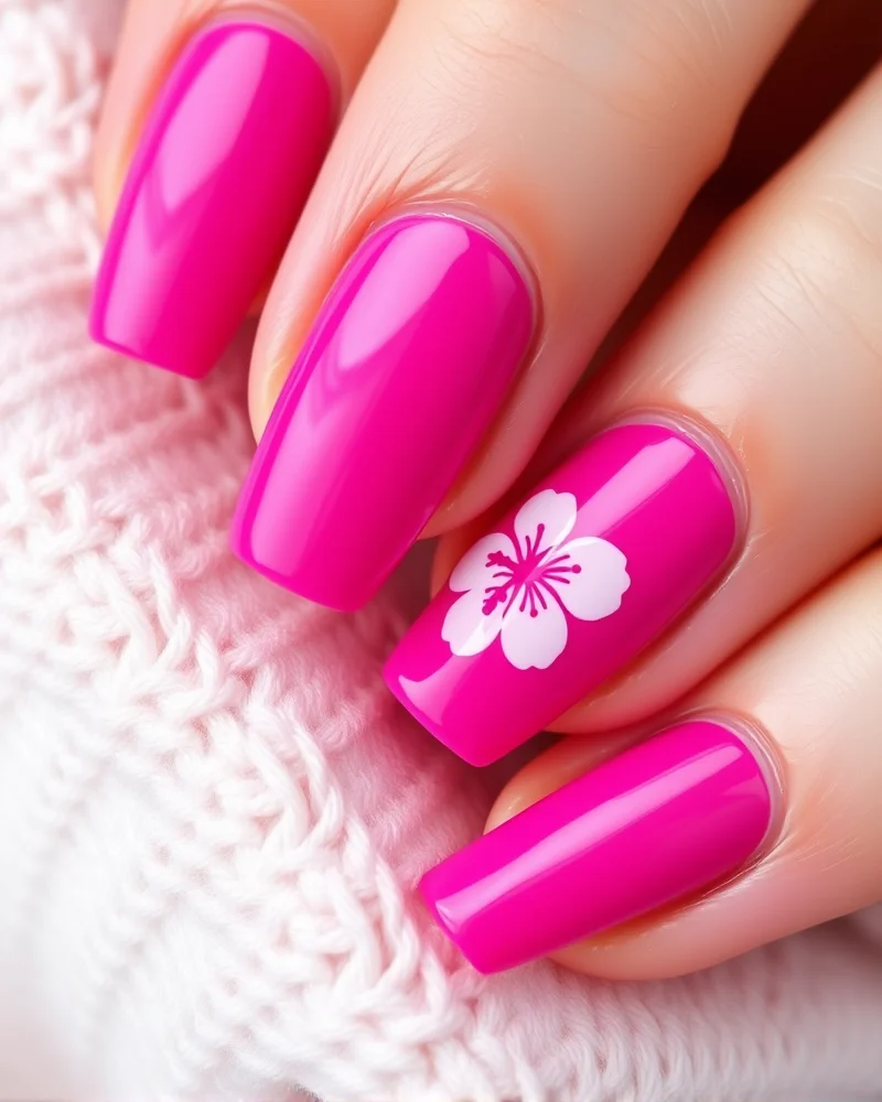 7 Viral July Nail Colors That Are Defining This Summer’s Aesthetic 5 Coffin-shaped nails in a bright fuchsia pink with a single accent nail featuring a white hand-painted hibiscus flower.