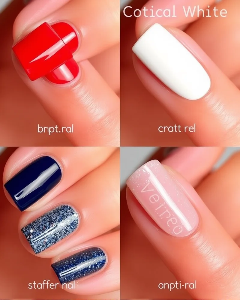 7 Viral 4th of July Simple Nails Designs You Need to Try This Summer 5 A comparison grid showcasing four essential summer nail colors: red, white, blue, and a silver shimmer polish.