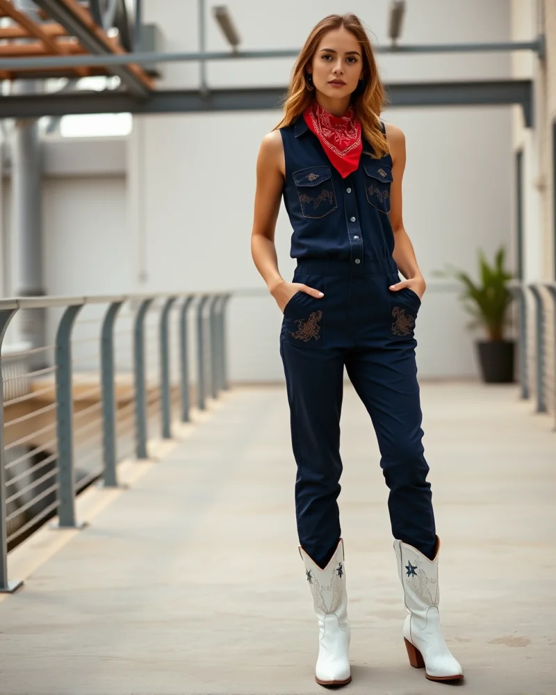 7 Viral Western 4th of July Outfit Ideas for a Stunning Americana Aesthetic 5 A woman wears a navy blue western-style jumpsuit with a red bandana and white boots on an urban balcony.