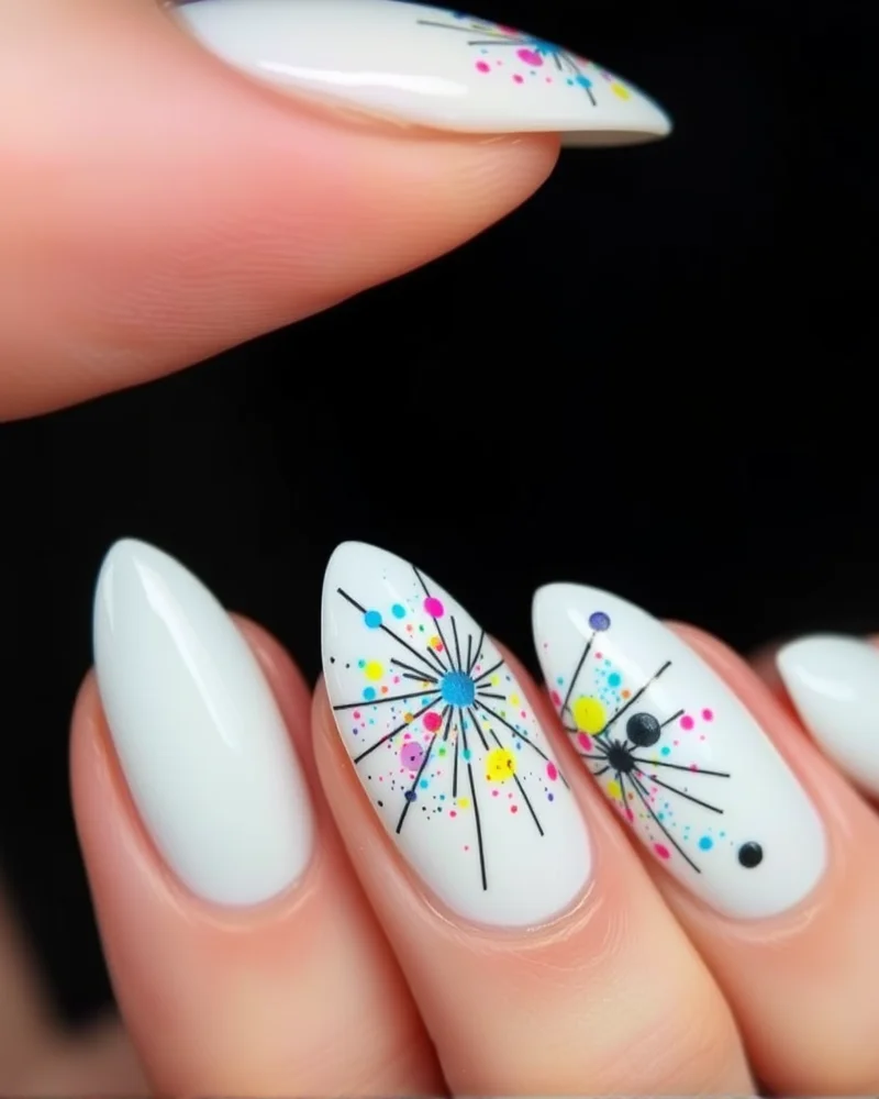 7 Viral Firework Nail Designs That Will Ignite Your Manicure Game 5 Almond-shaped white nails featuring vibrant neon splatters and black firework lines for an abstract art look.