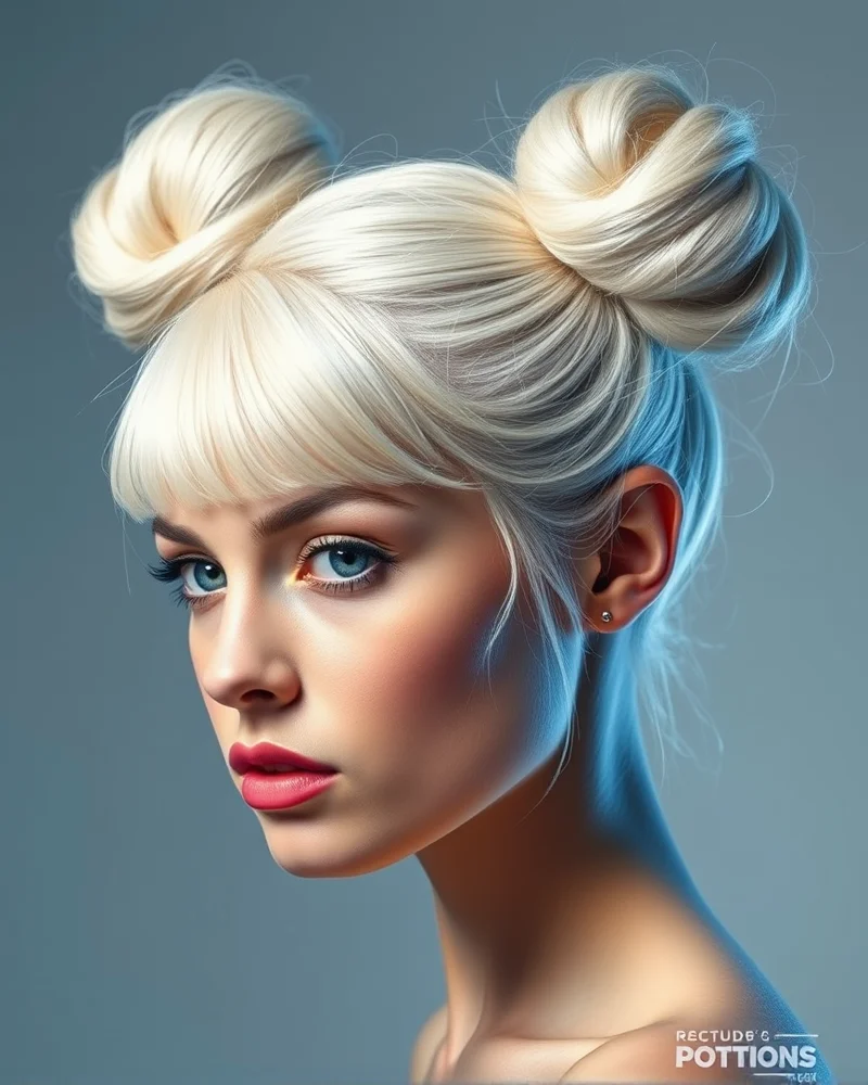 A stylish portrait of a woman wearing double high buns with subtle glitter accents in her hair.