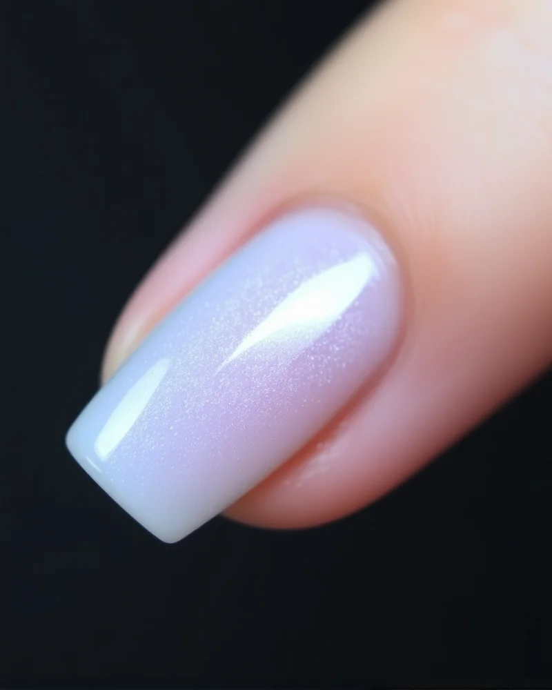 Short, natural nails with a glazed pearlescent finish, featuring subtle red and blue reflections in the light.