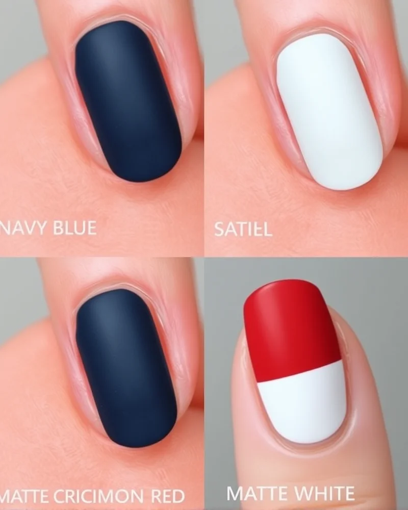 10 Chic Ways to Wear Red White and Blue Nails for Any Occasion 5 A 2x2 comparison grid showing individual matte red, white, and blue nails alongside a color-blocked matte nail design.