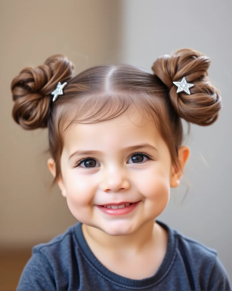 7 Viral 4th of July Toddler Hair Ideas That Stay Put All Day 5 Close-up of a toddler with two messy space buns styled with glittery star clips.