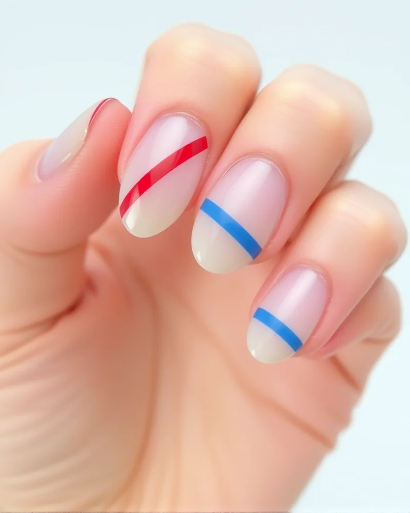 Almond-shaped nails showcasing a chic negative space design with bold red and navy blue geometric stripes.