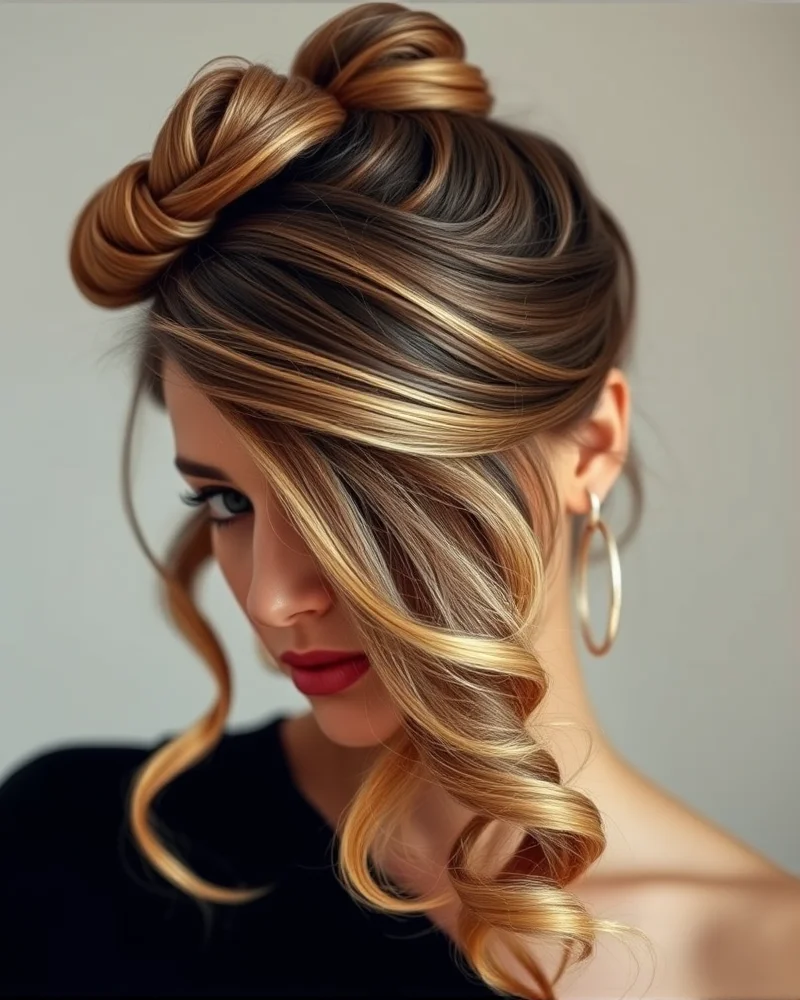 A woman with a chic half-up, half-down hairstyle featuring a messy bun and loose flowing waves, captured with soft, natural lighting.