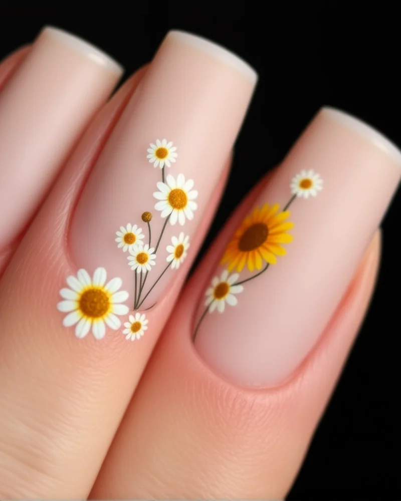 Long almond nails decorated with delicate, hand-painted daisy and sunflower motifs on a nude base, finished with a trendy matte topcoat.
