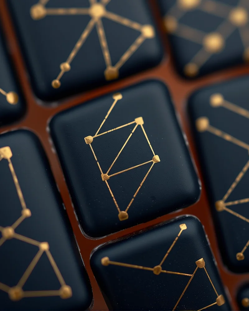 Matte navy nails with delicate gold geometric line art.