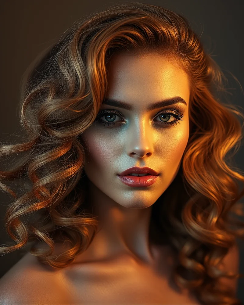 Model with voluminous curls and metallic gold firework makeup.