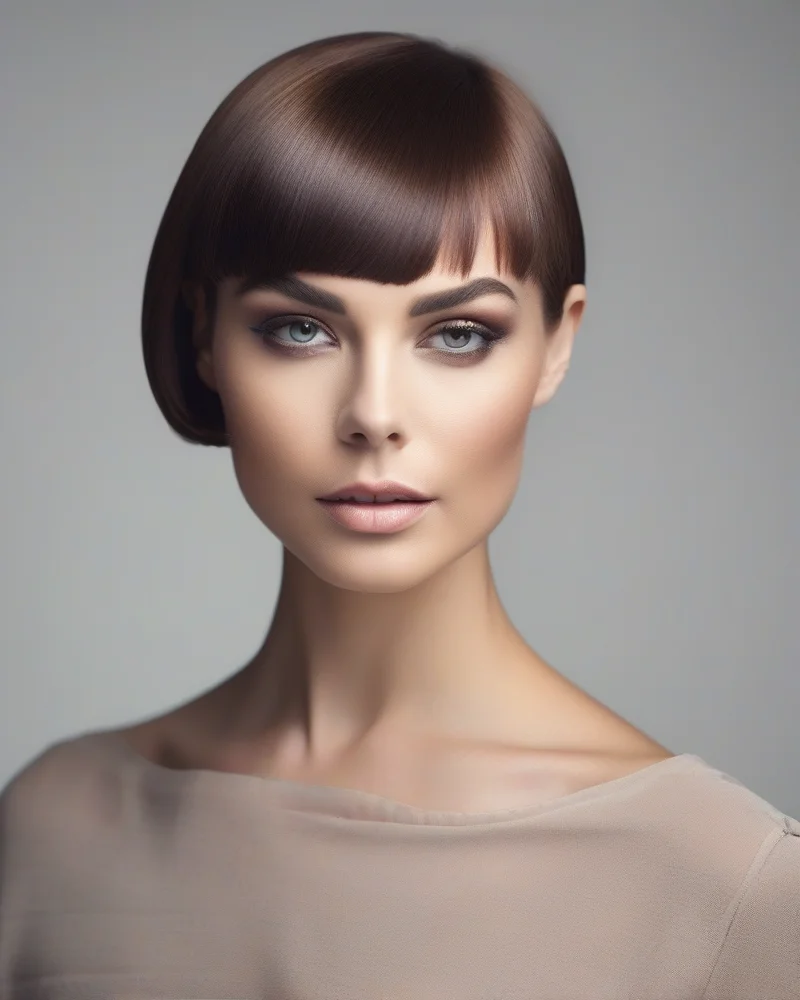 Portrait of a woman with a sleek bob hairstyle and hyper-dewy skin.