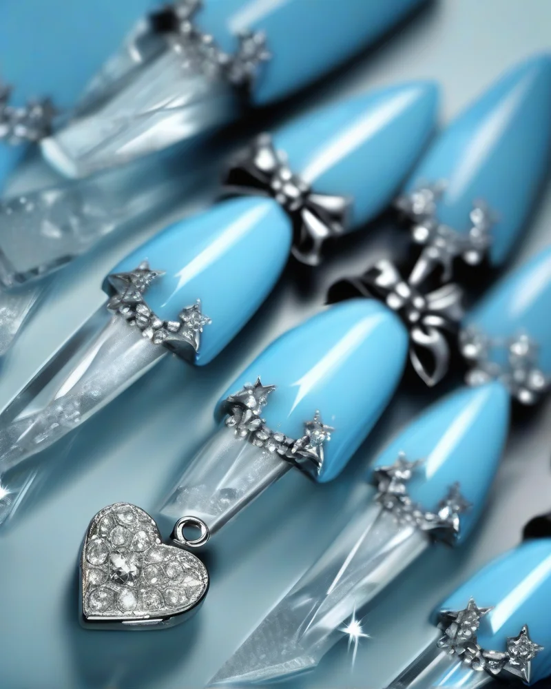 Coffin nails decorated with various 3D charms including bows and hearts.